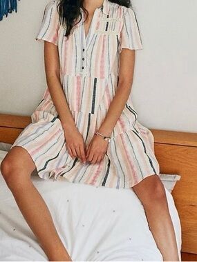 Anthropologie Georgina Striped Short-Sleeve Tiered Summer Dress XXS Petite
